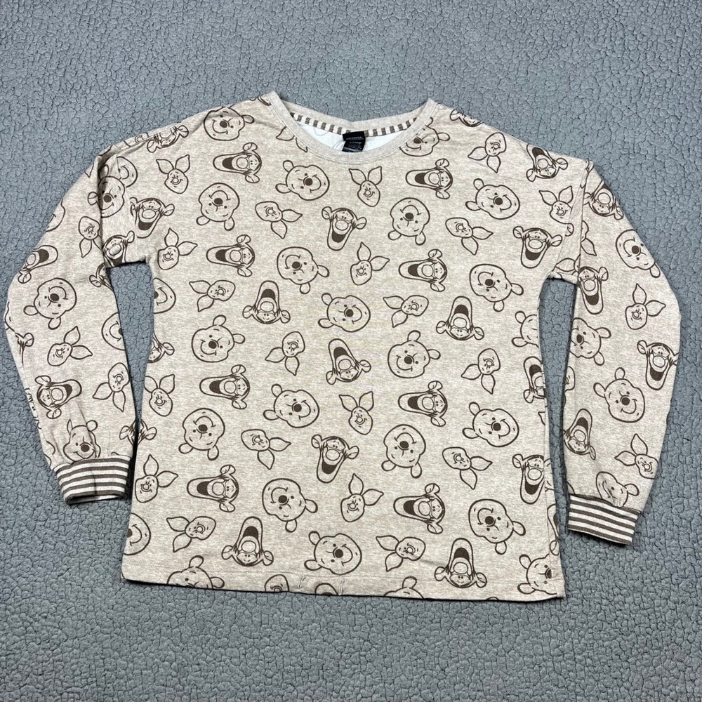 Disney Winnie the Pooh Tigger Piglet Long Sleeve Pajama Top Small Tan Heather